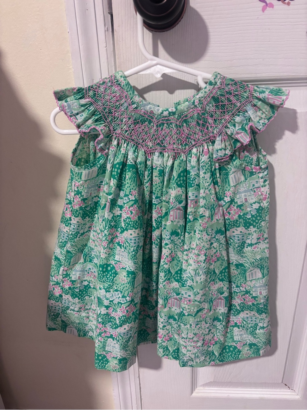 The Beaufort Bonnet Company Mint and Pink Smocked Ruffle Top